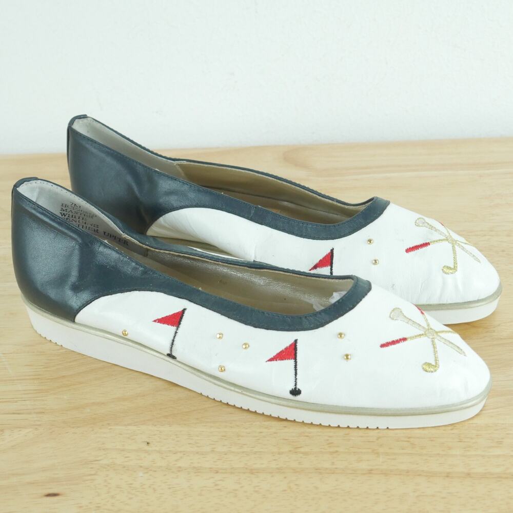 Vintage Size 7 Flats Embroidered Leather Golf Country Club Preppy Maximalist 90s